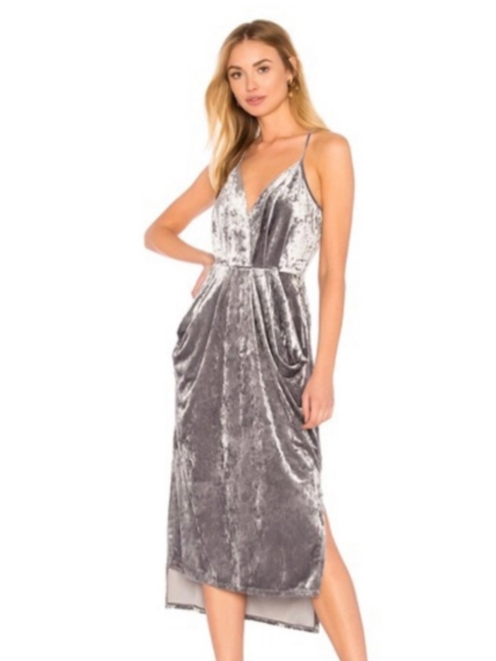 BCBGeneration Crushed Velvet Midi Dress Gray/Silver With Pockets Sz M Polyester